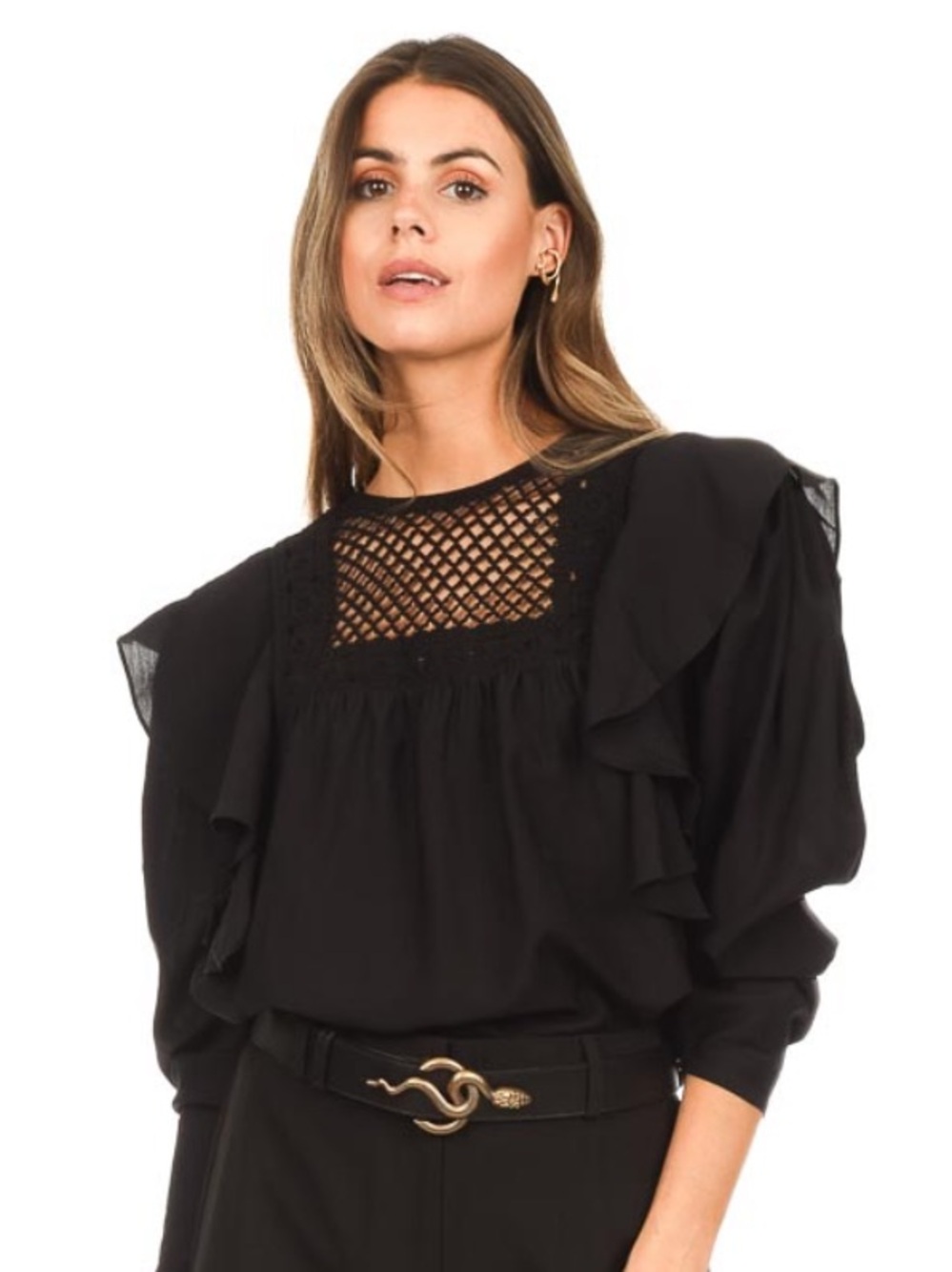 MAGALI PASCAL Flora Ruffled Crochet Top Sz M Black